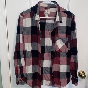 Women's Plaid Boyfriend Fit Button-Down Shirt Burgundy, Black & White Casual Top